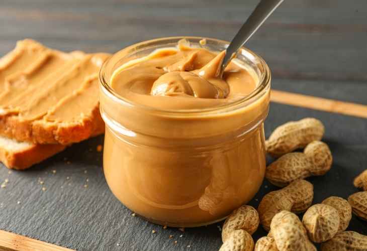 Peanut butter in a jar next to peanuts