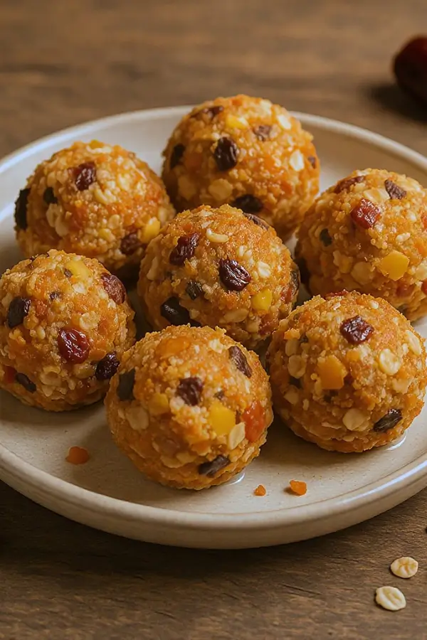 A ceramic plate of carrot cake energy bites, with flecks of nuts, dates, and oats