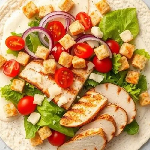 A flat, large flour tortilla on a clean surface, spread with a generous layer of Caesar dressing. Toppings are neatly arranged: chopped romaine lettuce, halved cherry tomatoes, thinly sliced red onion, buttery croutons, and tender slices of grilled chicken. Shaved Parmesan cheese is sprinkled on top, with a few croutons and herbs scattered around for a rustic touch.