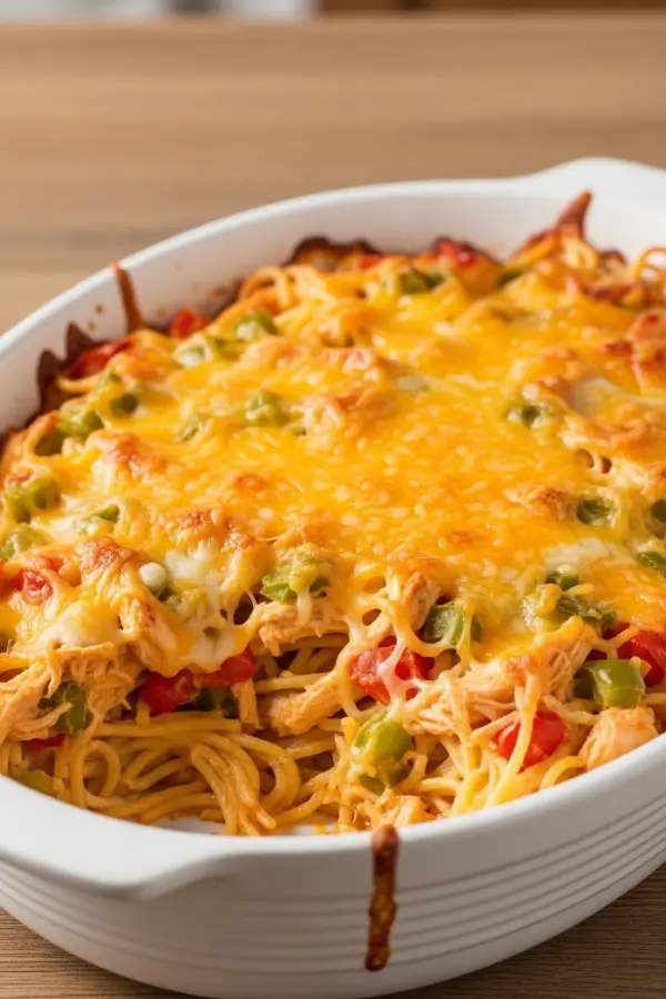 Simple & Creamy Chicken Spaghetti Casserole with Rotel