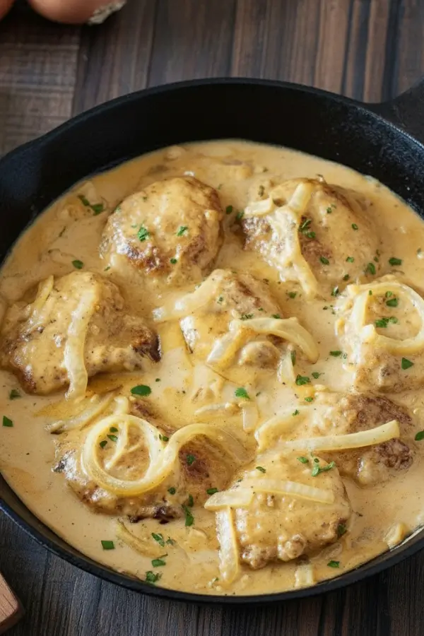 Smothered chicken thighs in creamy onion gravy, cast iron skillet