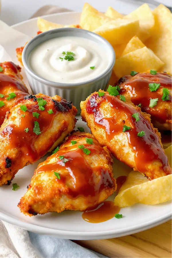 Apple and Honey Glazed Chicken Tenders with chips and dip arranged in a plate