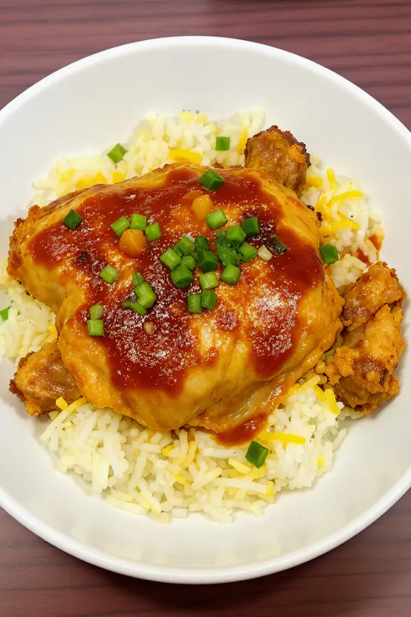 Bibibop Copycat Chicken served in plate with rice and green onion