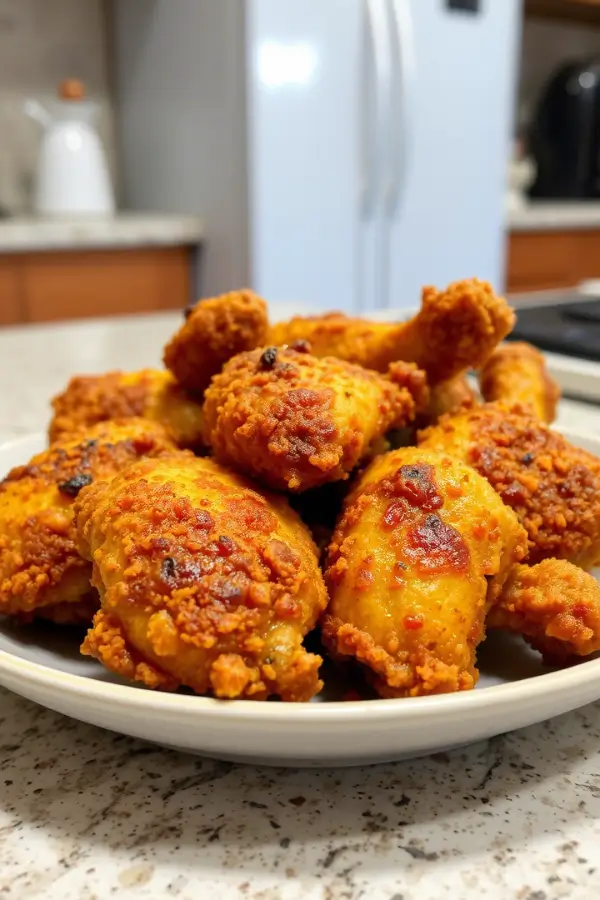 Golden crispy broasted chicken pieces with a thick, crunchy coating, resting on a ceramic plate, on a kitchen countertop