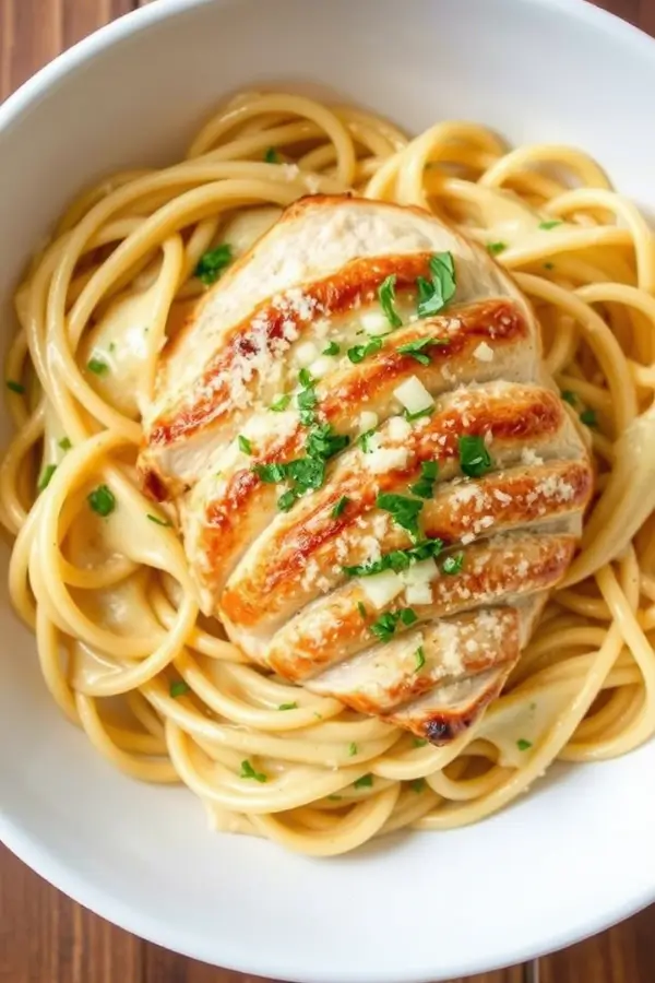 Buffalo Wild Wings Garlic Parmesan Chicken Pasta, tender sliced seared chicken on top of creamy, saucy pasta coated in garlic parmesan sauce, garnished with chopped parsley and extra parmesan, served in a white bowl