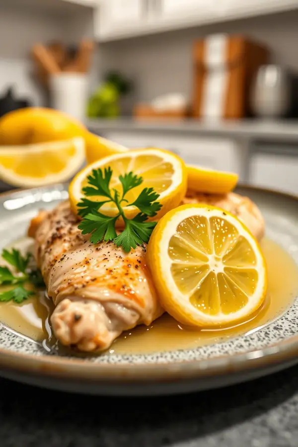 Juicy Chicken Limone on a ceramic plate