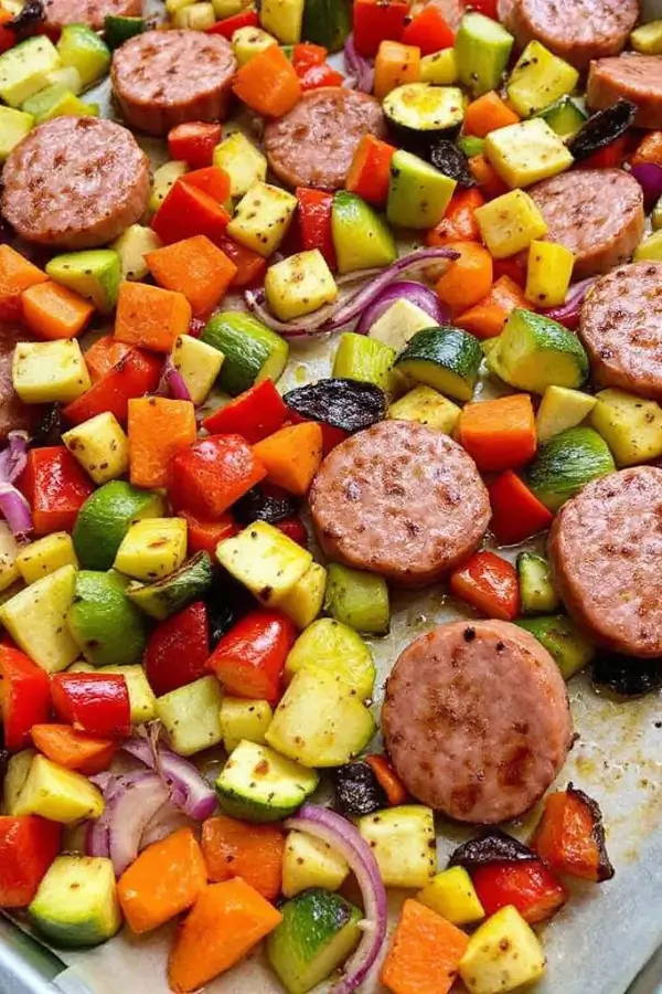 Sheet pan with roasted vegetables and sausage, colorful mix of evenly chopped veggies and golden-browned sausage slices, glistening with olive oil, on parchment-lined baking tray