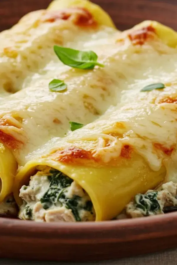 Chicken Spinach Manicotti in a ceramic plate
