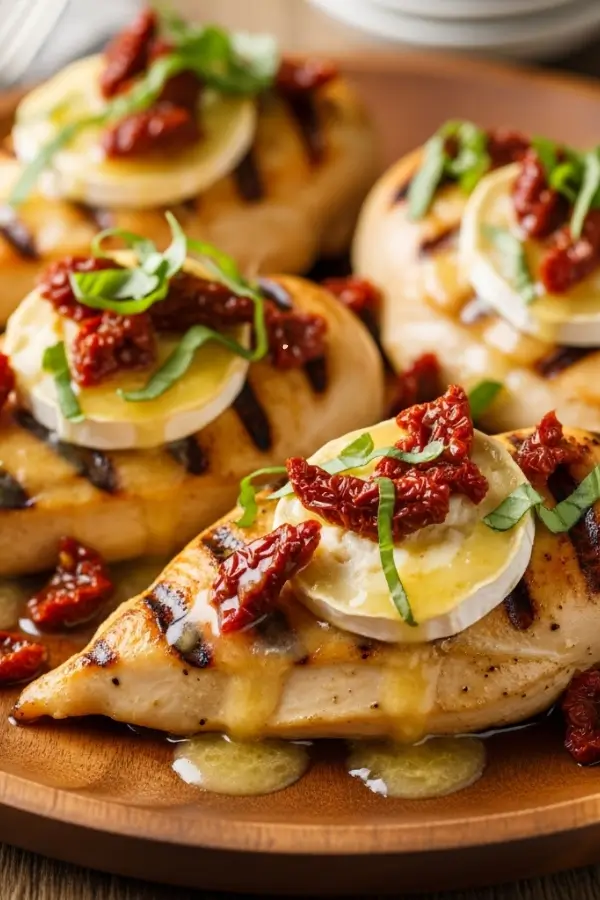 Copycat Carrabba’s Chicken Bryan on a serving platter. Top each breast with a slice of goat cheese. lemon butter sauce over the top. Sprinkle with chopped sun-dried tomatoes and fresh basil