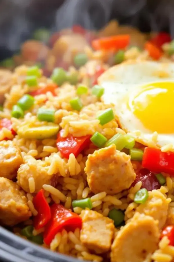 Hearty crockpot chicken fried rice, tender chicken cubes mixed with colorful vegetables, fluffy rice, scrambled eggs, and a glossy soy-based sauce, all served hot in a rustic bowl with steam rising