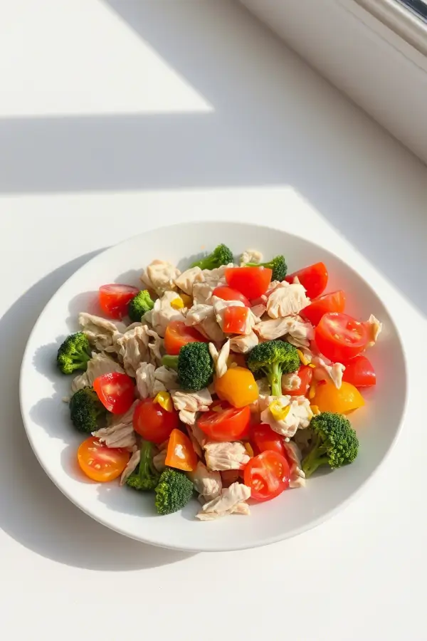 Frozen Chicken Breast served after Shredded with tomato slices and Broccoli in a ceramic plate