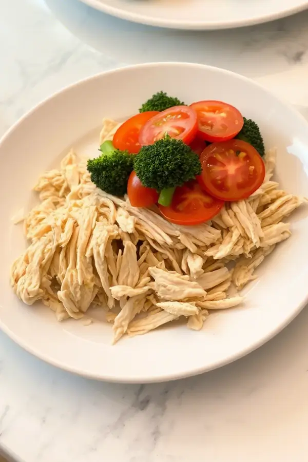 Shredded Frozen Chicken Breast served with tomato slices and Broccoli in a ceramic plate after cooking
