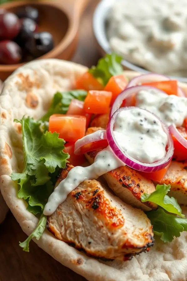 Traditional Greek Chicken Gyros with Tzatziki Sauce with bread and salad