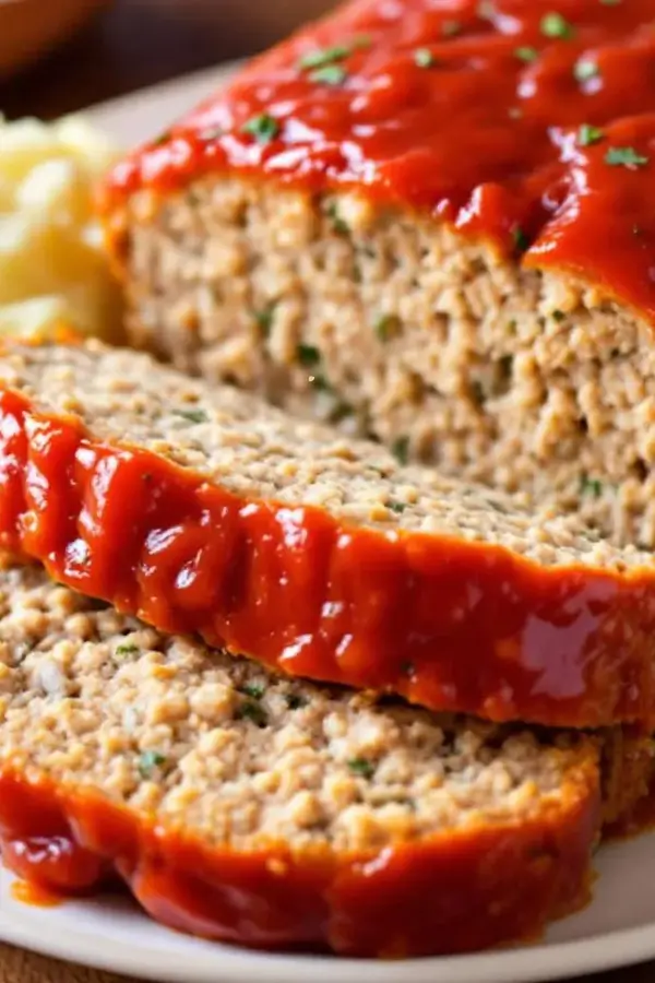 Golden glazed ground chicken meatloaf sliced on a plate, moist interior with flecks of onions and herbs, topped with shiny ketchup glaze, served alongside creamy mashed potatoes and steamed vegetables.