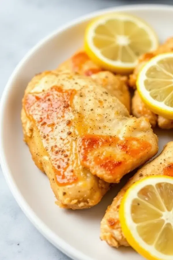 Juicy Instant Pot chicken tenders, lightly golden with seasoning, arranged on a plate, garnished with lemon slices