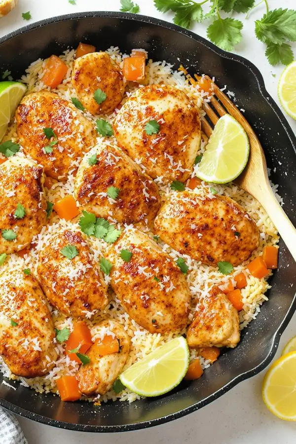 One Pan Coconut Lime Chicken with rice and lemon slices in a skillet