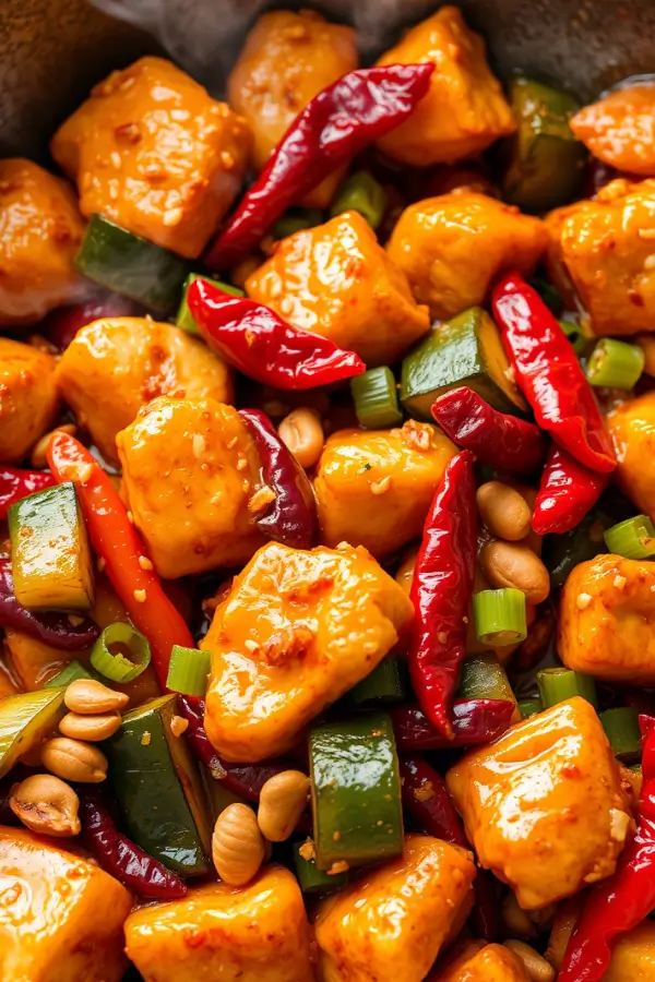 Kung Pao Chicken, glossy stir-fry with golden chicken pieces, vibrant bell peppers, zucchini, dried red chilies, peanuts, and green onions coated in a rich, savory sauce, served hot in a wok
