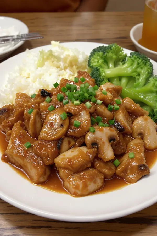 Panda Express Mushroom Chicken at home arrange in a plate with rice and broccoli