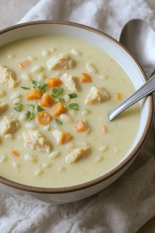 Creamy Panera-style chicken wild rice soup in a bowl, filled with shredded chicken, wild rice, diced carrots, celery, and herbs in a rich, creamy broth, garnished with fresh parsley