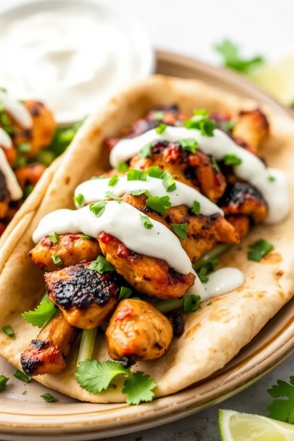 Sheet Pan Chicken Pitas with Tzatziki in a ceramic plate