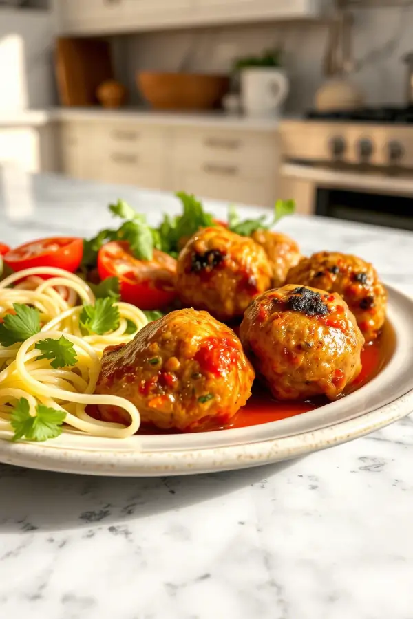 Tuscan Chicken Meatballs with Gnocchi served along with salad in a ceramic plate on the kitchen countertop