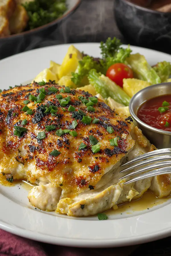 Texas Roadhouse Herb Crusted Chicken in a plate with sauce and salad