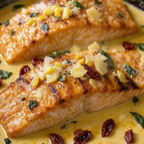 Pan-seared salmon fillets in a creamy Tuscan sauce with sun-dried tomatoes, spinach, and Parmesan, served in a rustic skillet with golden sauce glistening
