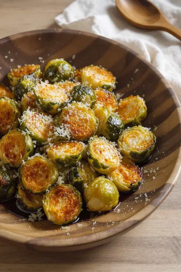 A plate of golden‑brown, crispy air‑fried Brussels sprouts, sprinkled with parmesan and a light balsamic drizzle on a wooden countertop