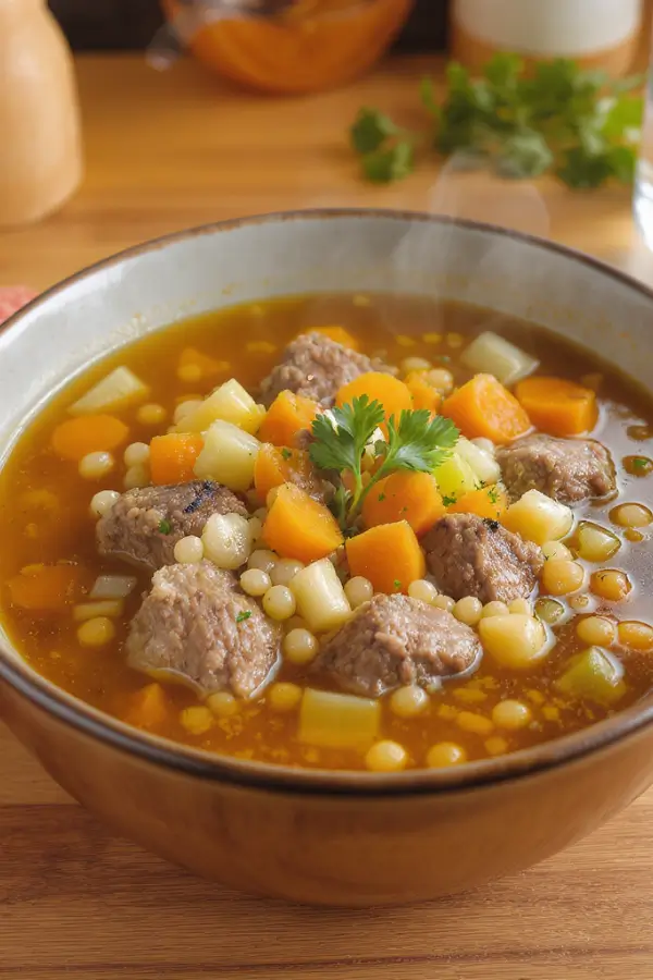 A hearty bowl of beef barley soup filled with tender beef chunks, pearl barley, carrots, celery, onions, and mushrooms in a rich broth, garnished with fresh parsley, served on the kitchen countertop