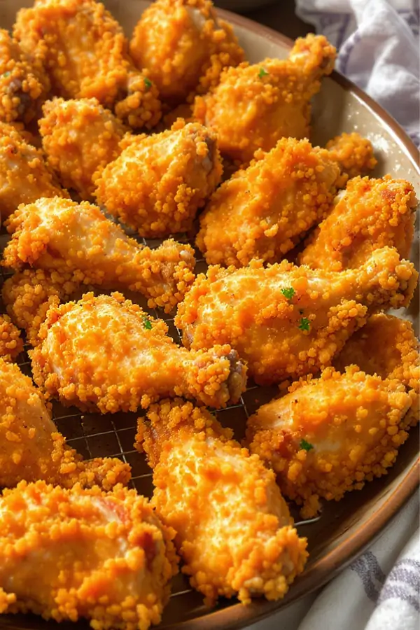 A platter piled high with golden, crispy country fried chicken pieces drumsticks and thighs resting on a wire rack