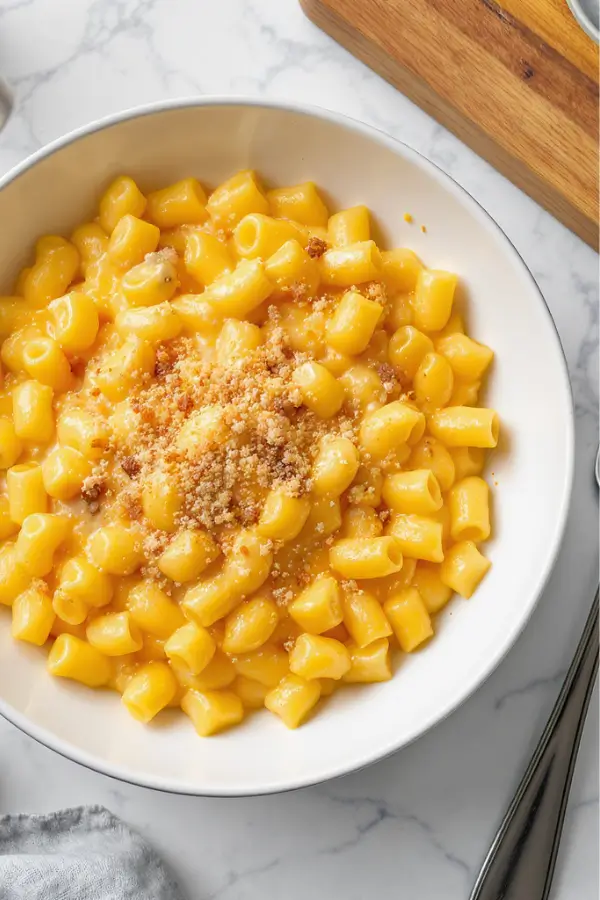 Creamy vegan mac and cheese in a bowl, golden cashew sauce coating tender macaroni, sprinkled with breadcrumbs on the modern kitchen countertop