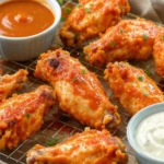 Crispy golden-brown chicken wings on a wire rack over a baking sheet, garnished with parsley, with a small bowl of buffalo sauce and ranch dip on the side