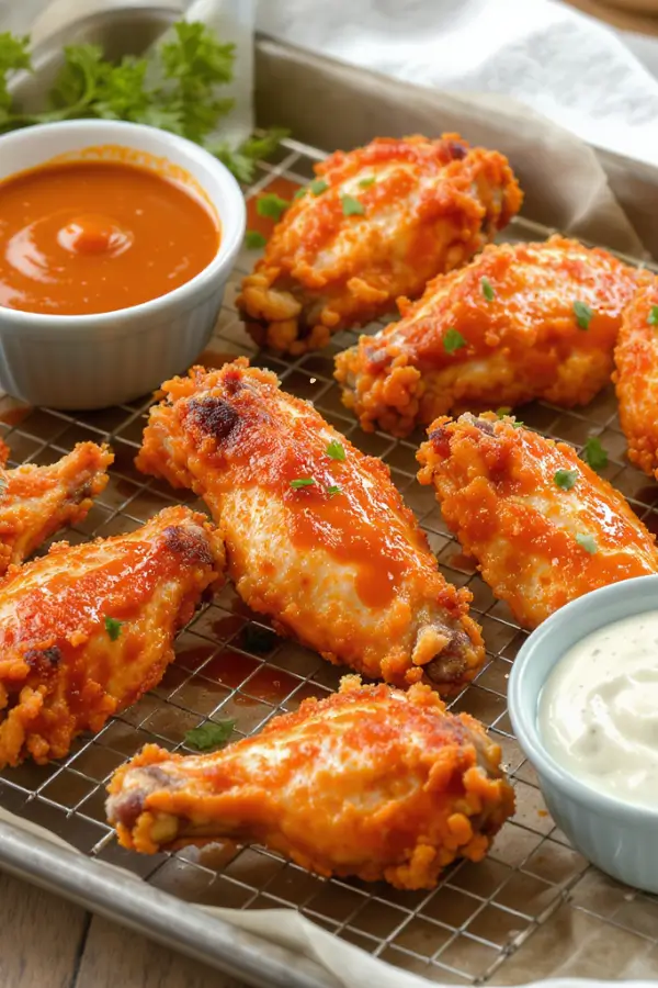 Crispy golden-brown chicken wings on a wire rack over a baking sheet, garnished with parsley, with a small bowl of buffalo sauce and ranch dip on the side