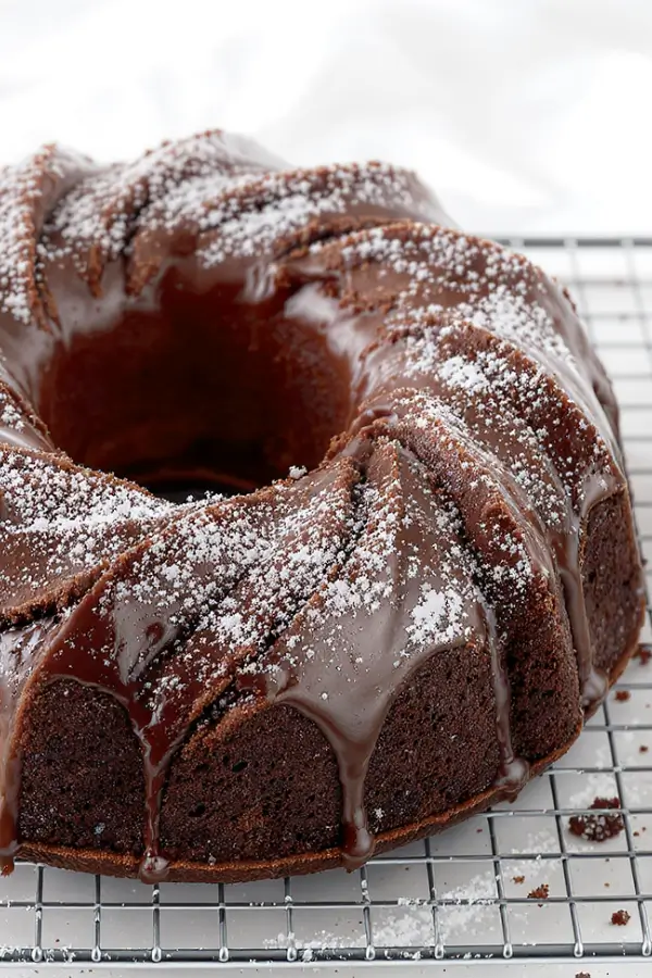 A rich gluten‑free chocolate cake with a glossy top, dusted with powdered sugar and decorated with fresh berries, sitting on a cooling rack