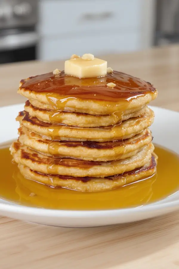A cozy stack of golden‑brown gluten‑free pancakes on a white plate, lightly drizzled with syrup and topped with a sprinkle of nuts on the kitchen countertop