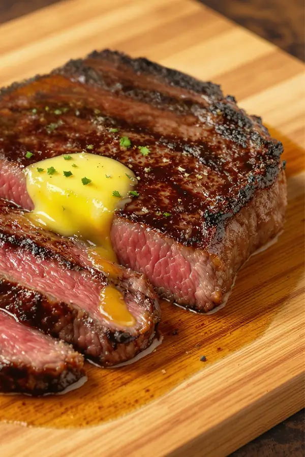 A perfectly seared ribeye steak with a golden-brown crust, sliced arranged on a wooden cutting board, drizzled with melted butter