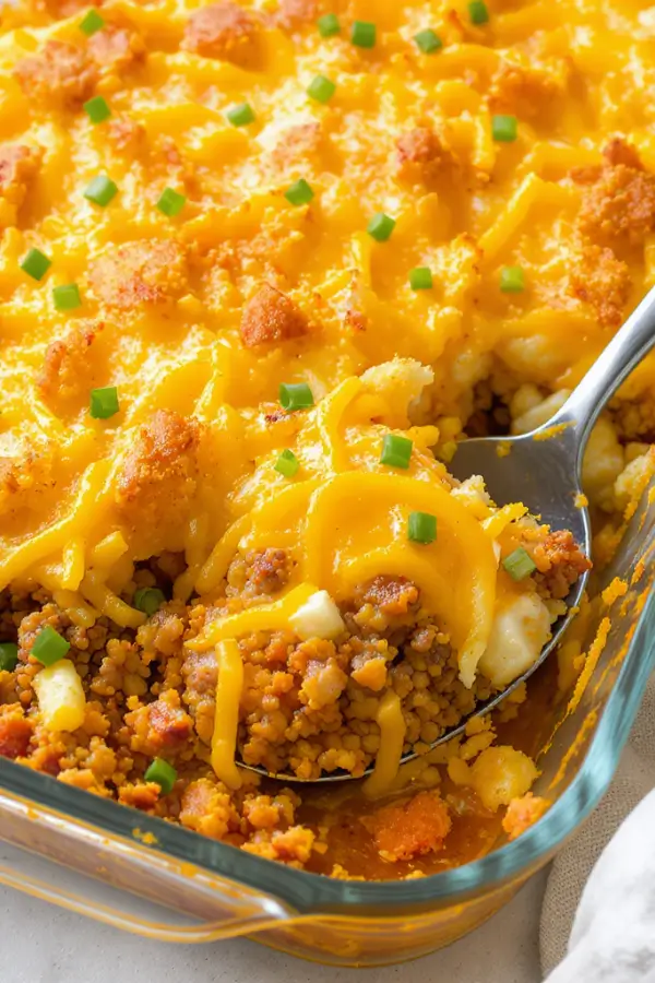 A golden, bubbly ground beef casserole in a 9×13-inch baking dish, topped with crispy hash browns and melted cheddar cheese, with a sprinkle of green onions and a serving spoon ready on the side