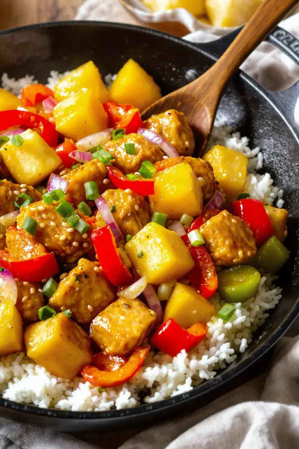 A vibrant skillet of Hawaiian pineapple chicken with golden chicken chunks, colorful red and green bell peppers, juicy pineapple pieces, and red onion, all glistening in a glossy sauce, garnished with sesame seeds and chopped green onions, served over fluffy jasmine rice