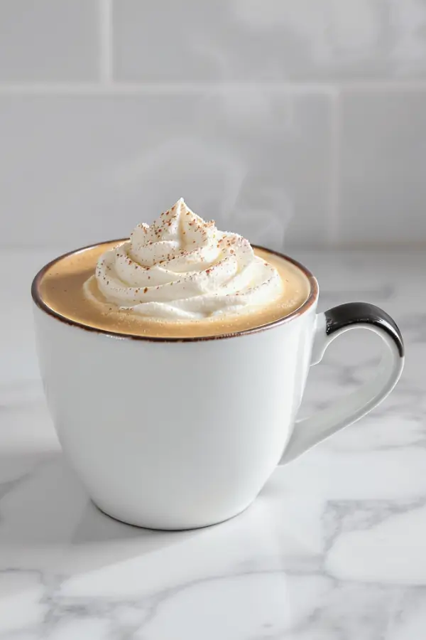 A steaming pumpkin spice latte in a ceramic mug, topped with whipped cream and a dusting of cinnamon all on a modern kitchen counter