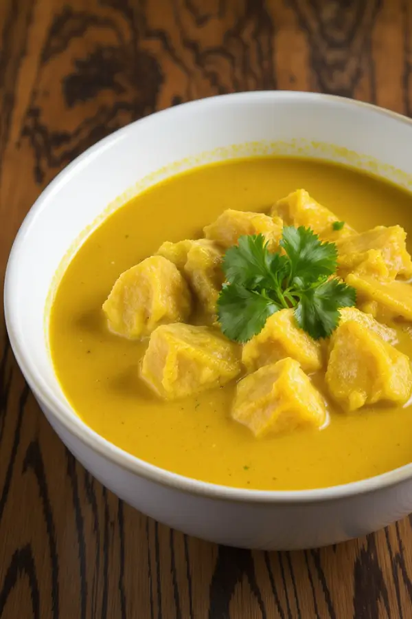 A bowl of creamy chicken curry with tender chicken pieces, and rich golden sauce, garnished with fresh cilantro, served on a table