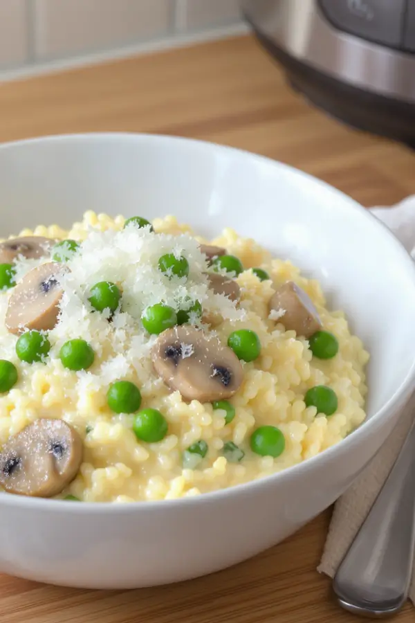 A creamy Instant Pot risotto served in a bowl, topped with freshly grated Parmesan, and scattered with tender mushrooms and peas on the kitchen countertop