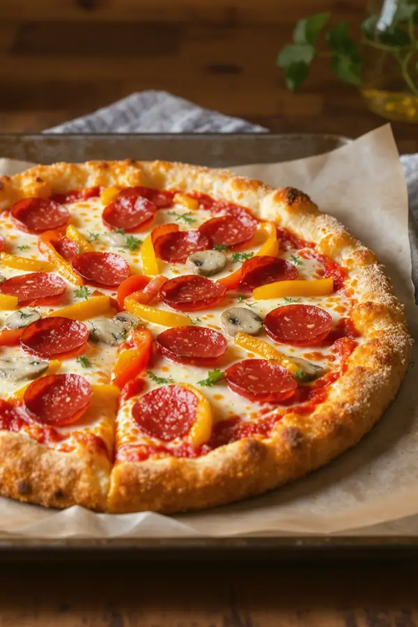 A golden, crispy cauliflower crust pizza topped with bubbling mozzarella, marinara sauce, sliced pepperoni, colorful bell peppers, mushrooms, set on a parchment-lined baking tray with a rustic kitchen backdrop
