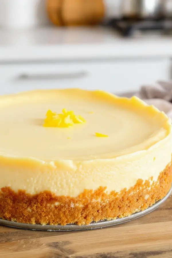 A creamy keto cheesecake with golden almond‑flour crust, topped with lemon zest on a kitchen countertop