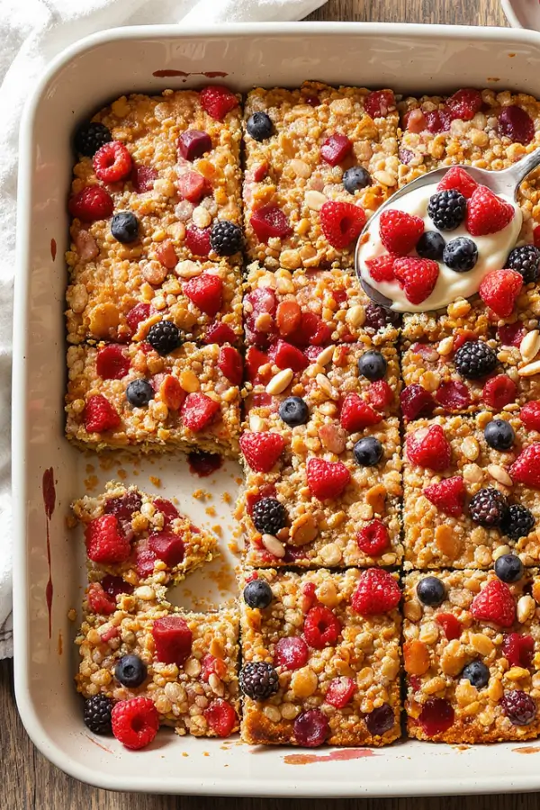 A golden-brown baked oatmeal in a 9×13 dish, studded with juicy berries and crunchy nuts, sliced into warm squares, served with a spoonful of yogurt and fresh berries on top