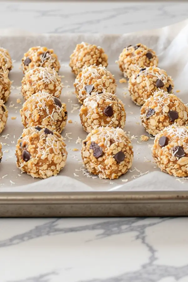 A tray of round no‑bake energy bites with chocolate chips and coconut on parchment on a modern kitchen countertop