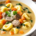 A bowl of creamy sausage tortellini soup filled with plump cheese tortellini, browned Italian sausage, bright spinach, carrots, tomatoes, and sprinkled with fresh parsley and grated Parmesan