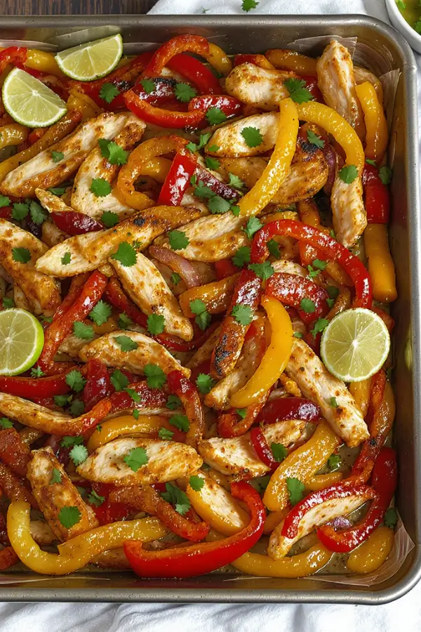 A sheet pan filled with sizzling chicken strips, colorful red, yellow, and green bell peppers, and red onions roasted with spices, drizzled with lime juice and garnished with fresh cilantro