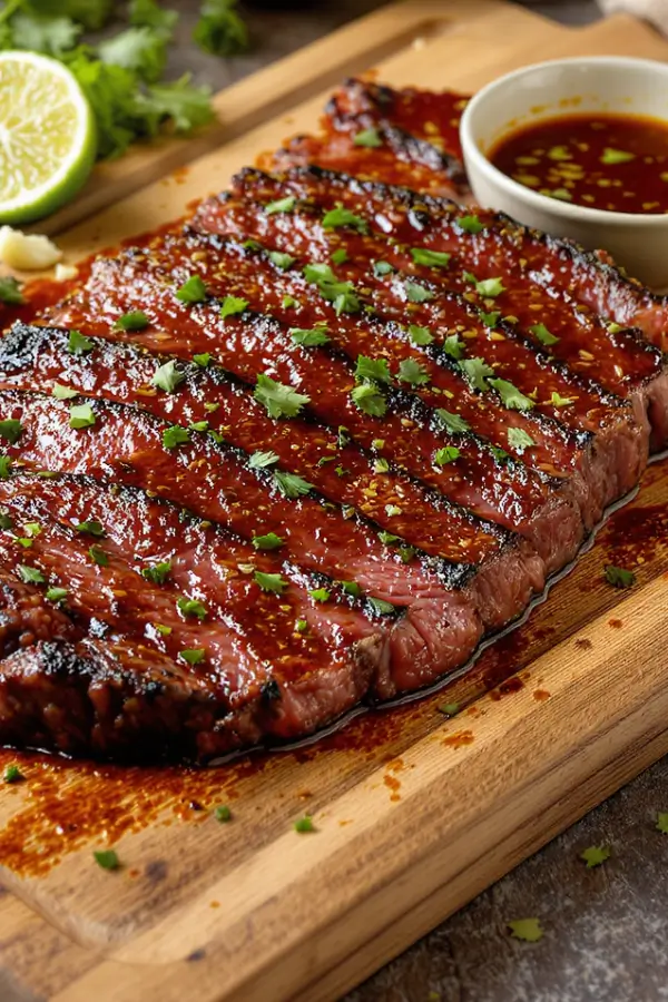 A marinated skirt steak resting on a wooden board, glistening with a rich blend of herbs and spices, surrounded by lime halves, chopped cilantro, minced garlic, and a bowl of the dark, flavorful marinade