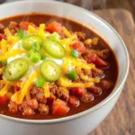 A bowl of slow cooker chili with chunks of ground beef, diced tomatoes, and onions, topped with melted cheddar, sour cream, green onions, and sliced jalapeños