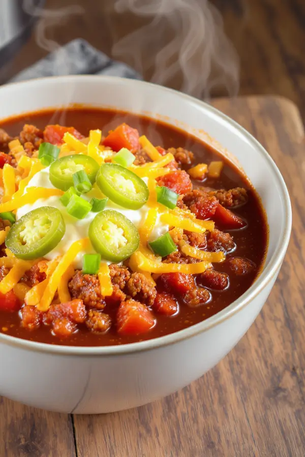 A bowl of slow cooker chili with chunks of ground beef, diced tomatoes, and onions, topped with melted cheddar, sour cream, green onions, and sliced jalapeños